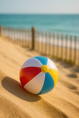 Obraz premium Beach ball resting on golden sand near calm ocean waves and wooden fence