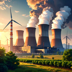 Sunset View of Power Plant with Wind Turbines and Vineyard Renewable and Non Renewable Energy