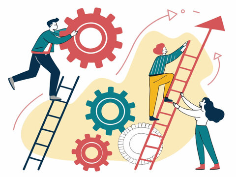 Businessman pushing gears, illustrating teamwork and the concept of success through collaborative work and technological innovation