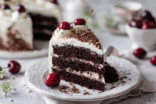 Schwarzw&auml;lder Kirschtorte St&uuml;ck traditioneller deutscher Kuchen mit Schokolade Sahne und Kirschen klassische Schwarzwaldtorte Dessert auf Teller Nahaufnahme Food Fotografie festliches s&uuml;&szlig;es Geb&auml;ck