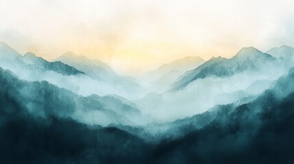Misty mountain range at sunrise, serene landscape with soft light and fog.