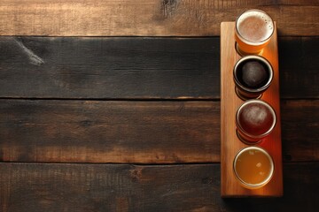 Four craft beer glasses in a vertical wooden holder on dark rustic table, viewed from top, ideal for bar menus, tasting promotions, drink ads, and pub branding designs