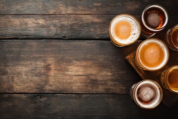 Six craft beer glasses arranged on a wooden board atop rustic dark wood table, top view, ideal for brewery branding, pub ads, tasting event posters, and drink menus