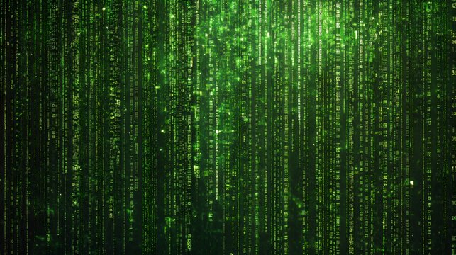 Digital code stream cascading downward on a dark background.