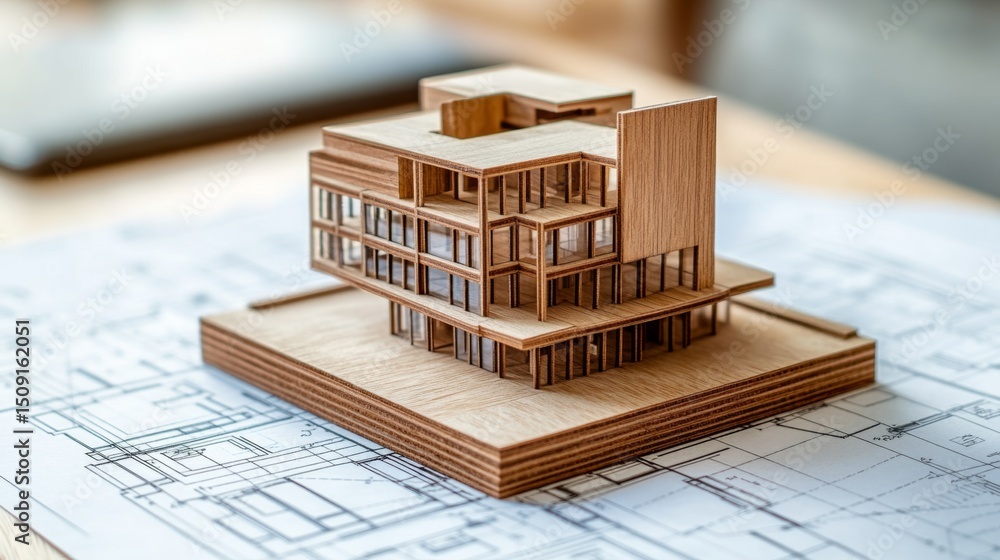 Poster creating a detailed wooden model of an office building in a modern workspace environment for archite