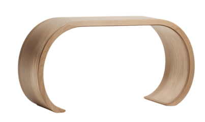 A light wood console table with an arched design, showcasing its curved silhouette and the glowing surface of LED lights that highlight its form. The table is isolated on a transparent background