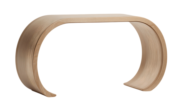 A light wood console table with an arched design, showcasing its curved silhouette and the glowing surface of LED lights that highlight its form. The table is isolated on a transparent background