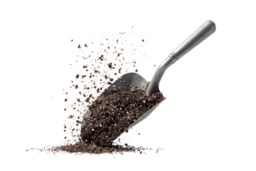 A metal shovel mid-action with soil particles flying, isolated on a clean transparent background