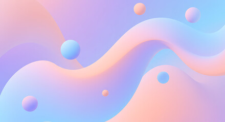 Abstract Pastel Wave Background with Floating Spheres Soft Pink Blue Gradient Design