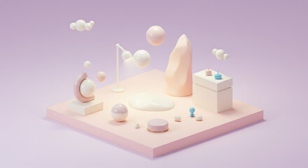 Pastel 3D Render Abstract Geometric Shapes Floating Spheres Minimalist Scene Pink White