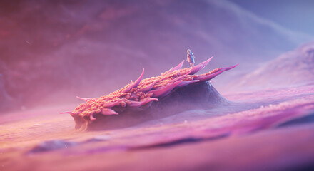 Surreal Digital Art Miniature Figure on a Biomorphic Rock Formation in a Pink Landscape