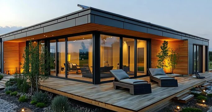Modern prefabricated house with solar panels, wooden facade, and large glass windows, offering a cozy and sustainable lifestyle.