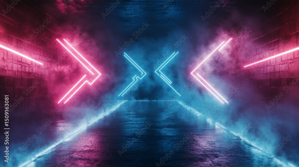 Poster Dynamic digital arrows pointing forward futuristic environment graphic design neon lights virtual space concept