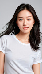 Asian woman with long black hair wearing a plain white t-shirt poses confidently against a soft gray background, showcasing natural beauty and simplicity in portrait photography