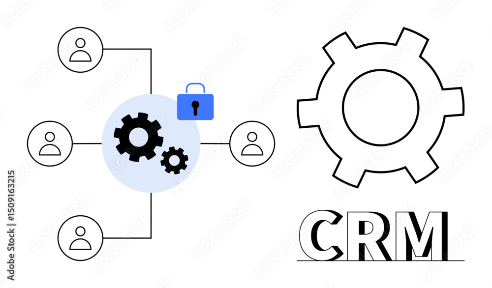 Poster gear icons connected to user avatars with lock symbol for data security, showcasing crm functionalit