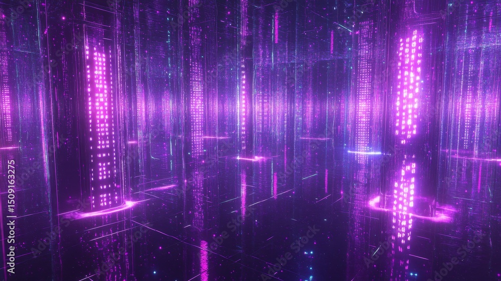 Poster exploring a futuristic cyberspace filled with glowing data digital realm visual art neon environment