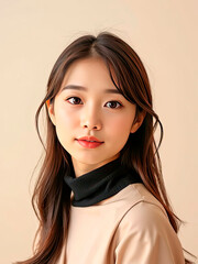 Asian woman with long black hair wearing a plain white t-shirt poses confidently against a soft beige background, showcasing natural beauty and simplicity in portrait photography