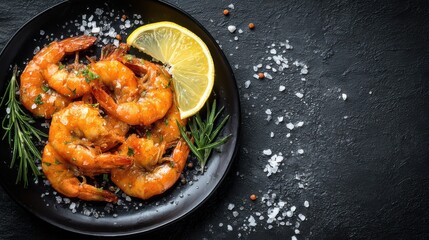 Succulent grilled shrimp are presented on a black plate, garnished with a lemon wedge and fresh herbs. The dish is surrounded by coarse sea salt, showcasing an appetizing culinary delight