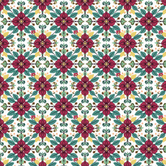 Spring leaves and camomile flowers, abstract geometric seamless pattern on a blue background, vector. For printing on fabrics, clothing, cosmetic packaging, booklets. wallpapers for social media