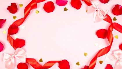 Elegant Valentine's Day photo frame decorated with red velvet ribbons, silk bows, rose petals, and gold accents on a soft pastel background. Perfect for romantic designs, greeting cards, mockups, and 