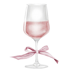 Glass of wine watercolor illustration. Drink alcoholic pink sparkling with a bow on the stem. Clip art drinks. Wine shop booklets. Ideal for restaurant menus, posters and advertising signs.