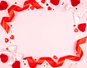 Elegant Valentine's Day photo frame decorated with red velvet ribbons, silk bows, rose petals, and gold accents on a soft pastel background. Perfect for romantic designs, greeting cards, mockups, and 