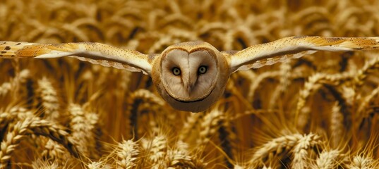 Majestic barn owl gracefully gliding above vast fields of golden wheat under a bright blue sky