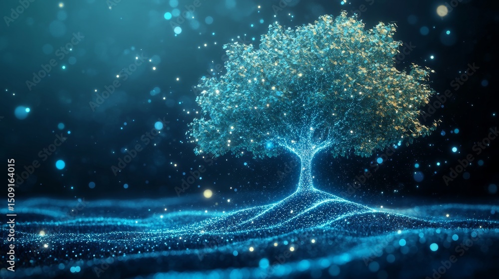 Poster Visualizing digital data points a futuristic tree design in a virtual environment