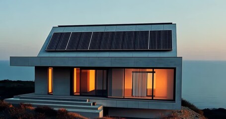 Modern eco-friendly house with solar panels located on a cliff by the sea at sunset. - Powered by Adobe