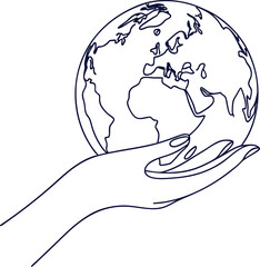 Minimalist One-Line Art of Hand Holding Globe Symbolizing Global Unity and Care