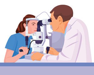 Obraz premium Eye test machine, Eye exams and vision test, woman is looking into eye test machine