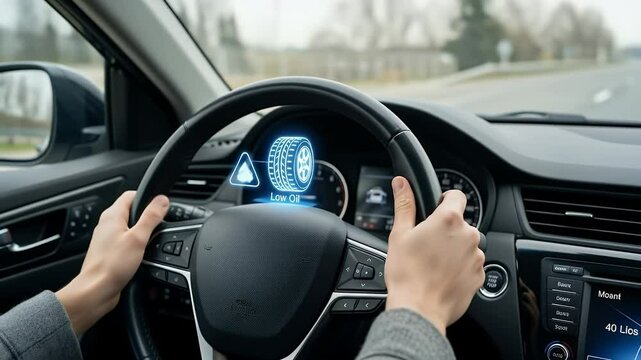 Young adult driving modern car with futuristic holographic dashboard display interface - Powered by Adobe