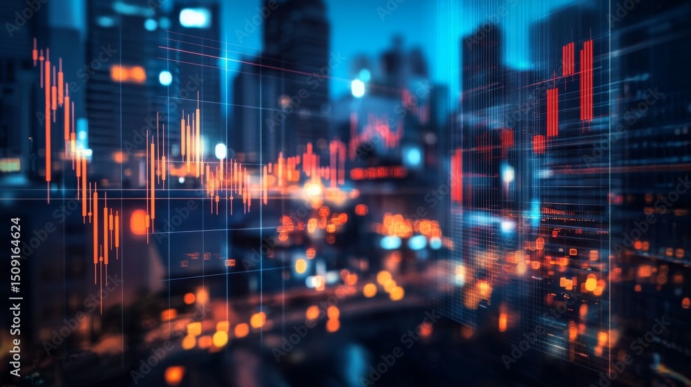 Poster analyzing a glowing abstract forex candlestick chart in a dynamic urban environment for investment i