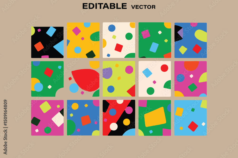 Poster vibrant and playful geometric pattern collection in square frames editable vector illustration for c