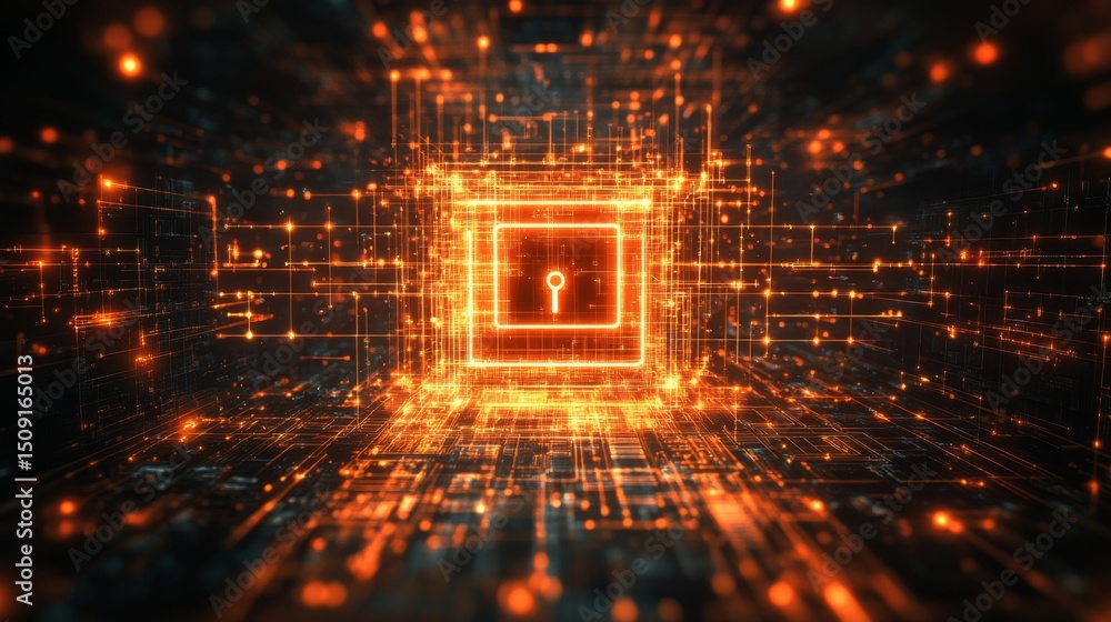 Poster unlocking the future a glowing digital lock in a matrix of dynamic data streams