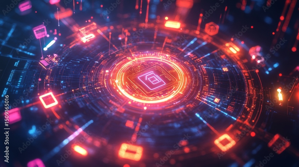 Poster unlocking future security a glowing digital lock surrounded by interactive icons in a futuristic tec