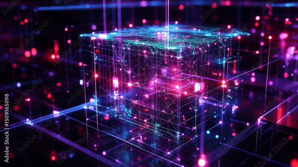 Poster illuminating digital structure showcasing a machin virtual space 3d visualization futuristic environ