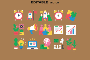 Fototapeta premium Flat Vector Icon Set for Business Startup and Strategy with Clock Rocket Puzzle and Graph Elements