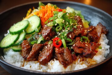 Fototapeta premium Koreanisches Bulgogi mit Rindfleisch und Gemüse serviert auf Reis asiatische Bowl mit mariniertem Fleisch Gurken Karotten Frühlingszwiebeln traditionelles koreanisches Gericht Nahaufnahme Food Fotogra