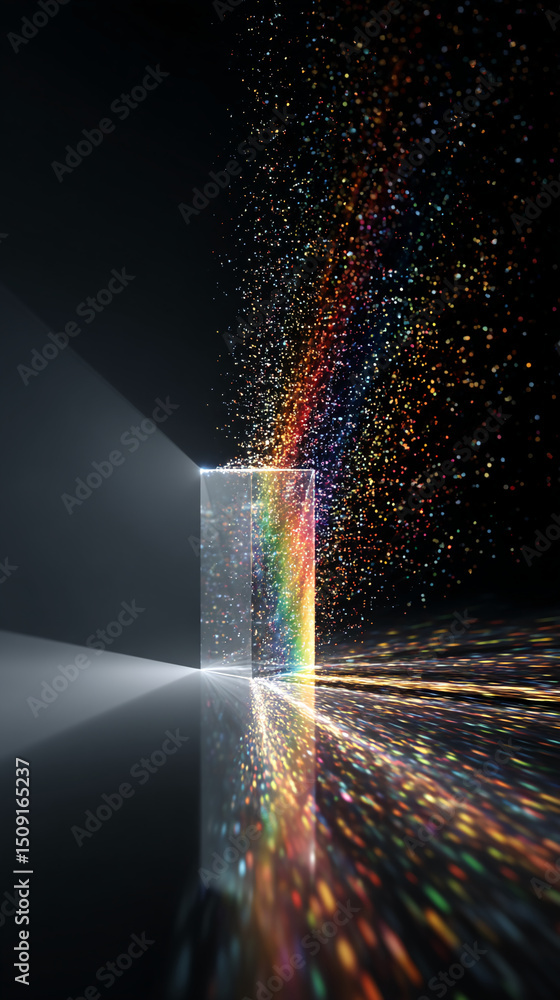 Poster Rainbow light refracting through a crystal object, creating a vibrant display in dark surroundings