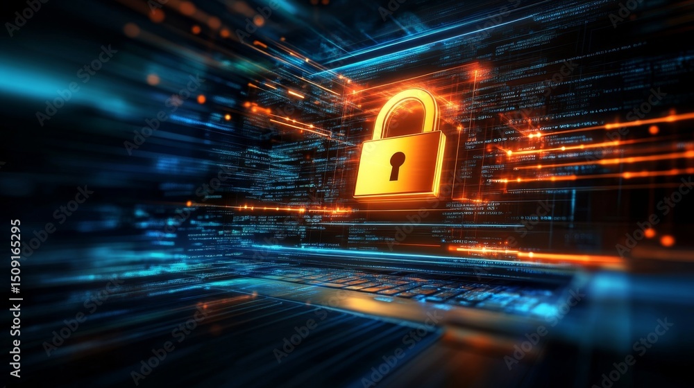 Poster securing digital assets a glowing lock icon on a computer screen data protection cybersecurity virtu