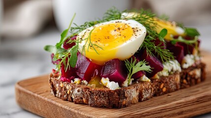 Rustic Wooden Cutting Board with Open-Faced Sandwich