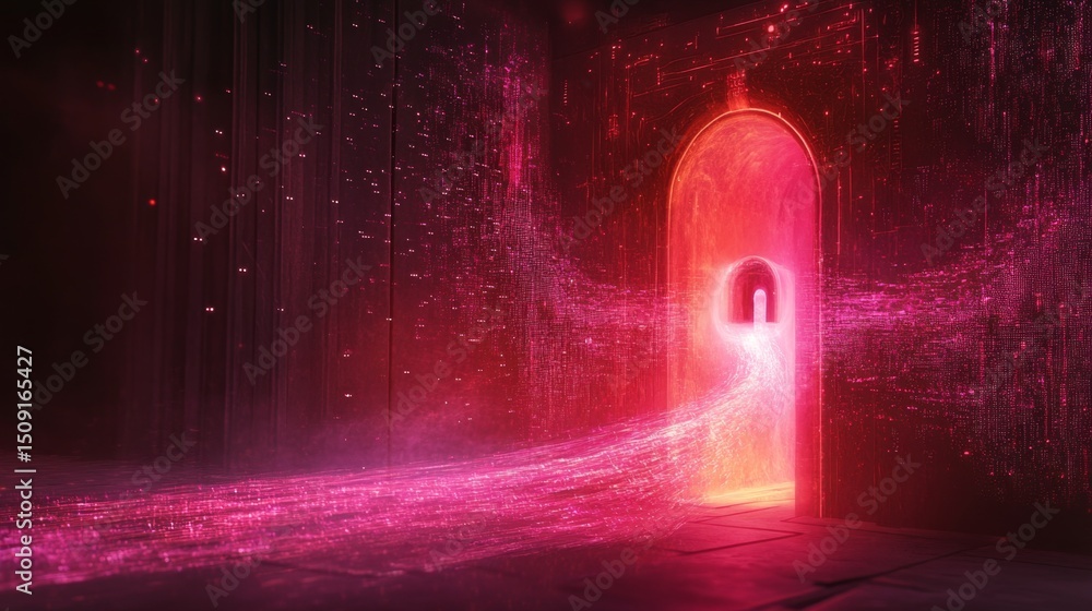 Poster unlocking digital security a glowing lock on a virtual computer screen in a futuristic environment