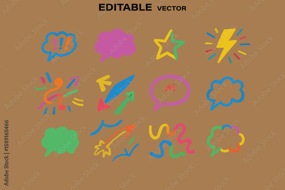 Poster hand drawn vector elements speech bubbles arrows star and lightning bolt on a brown background
