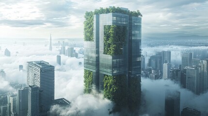 Obraz premium Futuristic skyscraper with vertical gardens above a city shrouded in clouds.