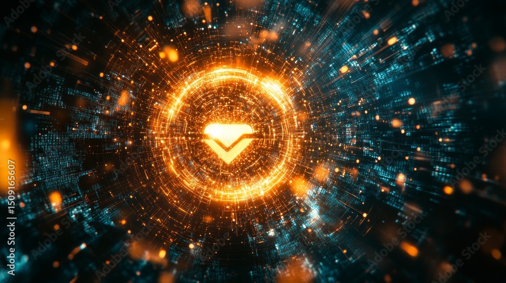 Poster securing data with a glowing lock symbol surrounded by encrypted information in a digital environmen