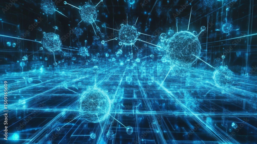 Poster exploring a glowing medical grid with abstract molecules in a futuristic digital environment