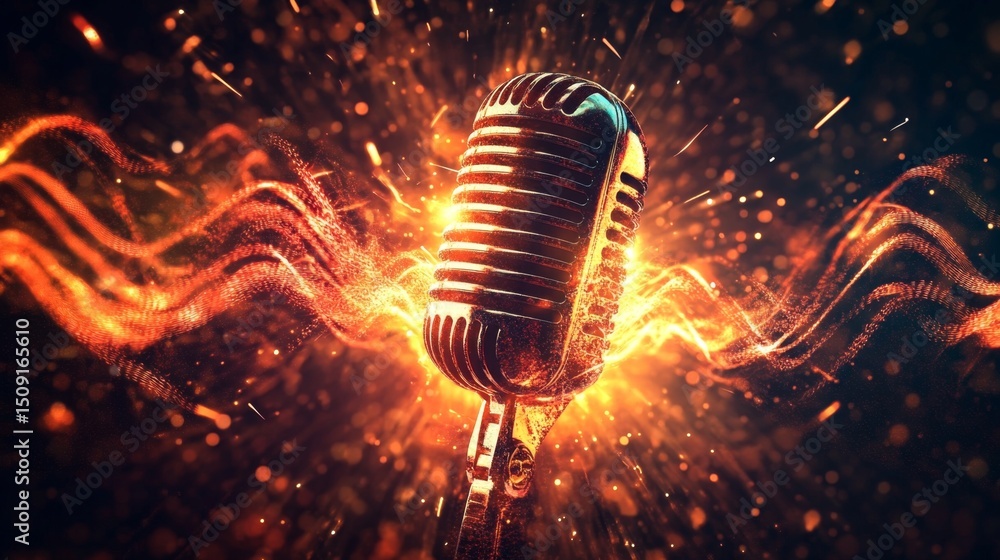 Poster Dynamic sound waves emitting from a glowing microphone in an electrifying studio environment