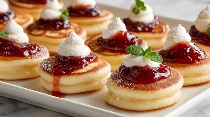 Delicious Mini Pancakes with Jam and Cream on White Plate