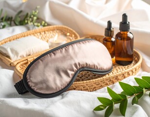 Sleep mask and essential oil kit mockup placed on soft fabric in a gentle morning